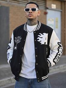 Devon Thys 男士字母刺绣单排扣休闲棒球夹克 - 黑色 - 查看 6
