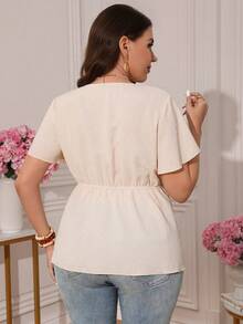 Miaspire Plus Size Women White Summer Elegant Bachelorette Party Tea Party Textured Fabric Ruffle Sleeve V-Neck Blouse Office Work Tops Fitted Shirt - Apricot - View 3