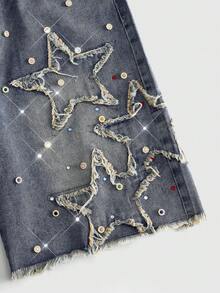 ROMWE MEN 男士寬鬆牛仔短褲，飾有閃亮鑽石星形刺繡 - 淺色水洗藍 - 查看 2