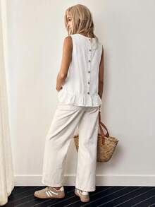 EMERY ROSE Plus Size Women Casual Sleeveless Solid Color Denim Blouse Formal Party White Summer - White - View 3