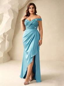 Coutiva Gaun Malam Formal Patchwork Payet Leher V Ukuran Besar (Hiasan Mewah) - Baby Blue - View 7
