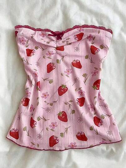 Glimmora Áo camisole ôm dáng phối ren in hình dâu tây dành cho nữ