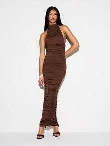 KIZN Vestido midi de noche formal de Body con drapeado sin mangas, color marrón chocolate, con cuello halter y drapeado - Marrón - Ver 1