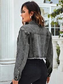 EMERY ROSE Áo khoác denim nữ tay dài cài một hàng khuy, đính ngọc trai, kiểu dáng thường ngày - Xám - Xem 2