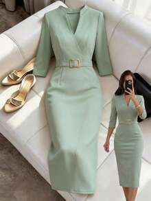 SHEIN Vestido de verano para mujer con cuello alto, manga media, cintura con lazo delantero, diseño de bajo con abertura, elegante y versátil para uso diario - Verde - Ver 3