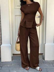SHEIN EZwear 咖啡棕色通勤梭织上衣和裤子两件套 - 咖啡棕 - 查看 5