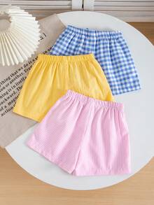 SHEIN 3件套少女梭织纯色条纹格子休闲短裤套装，三件套少女夏季短裤，少女服装，少女短裤，格子短裤，条纹短裤，柔软透气，少女弹力腰带短裤，夏季舒适日常穿着 - 芥末黃 - 查看 2