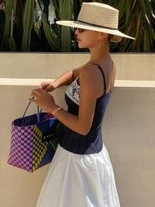 DAZY Contrast Lace Fitted Cropped Casual Basic Vacation Beach Swimming Summer Women Vest White School - Blue - View 2