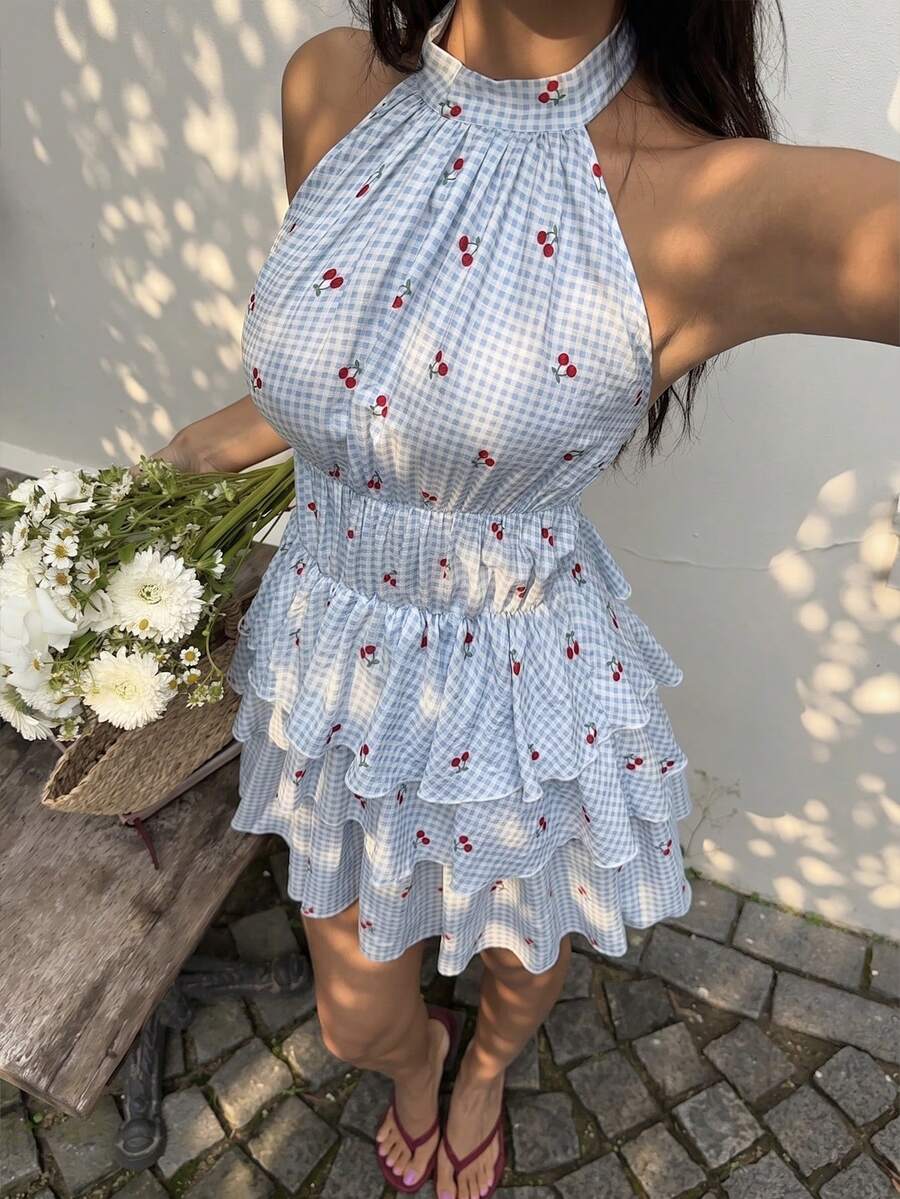 Sunnyshic Women's Spring/Summer Cherry Plaid Dress, Waist-Cinching Flattering Silhouette, Cute Vacation Dress, Cherry Plaid Maiden Dress Vacation Blue Gingham - Blue - View 1