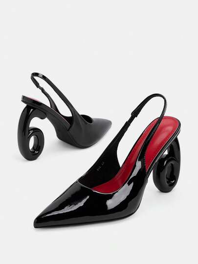 Glitzique Women's Fashion Versatile, Outdoor/Commute, Chunky High Heel, Asymmetric Heel, Backstrap, Closed Toe Slingback, Pointed Toe Black Patent Leather Sandals