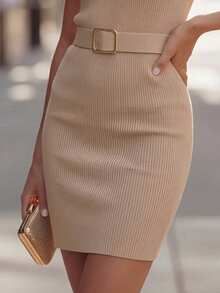 Balvessa V-Neck Sleeveless Metal Buckle Waist Tight Short Bodycon Sweater Dress For Women - Khaki - View 4