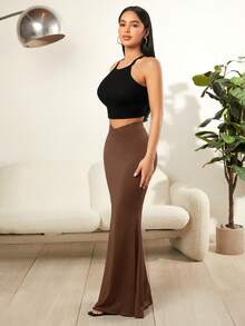 SHEIN SXY 單色不對稱擺中長裙 - 棕色 - 查看 7