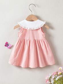 SHEIN Infant Girls' Cute Light Pink Summer Dress Elegant Sweet Embroidered Ruffle Collar Jacquard Fabric Sleeveless Cotton Dress For Parties 0-1 Years Old - Baby Pink - View 2