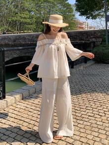 DAZY Bộ đồ nữ kiểu Hàn Quốc gồm áo dài tay và quần dài, bộ đồ mặc nhà mùa hè cho nữ, bộ đồ ngắn cho nữ. - trắng - Xem 2