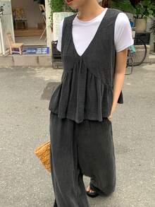 DAZY 女士纯色韩版无袖上衣和宽松阔腿裤两件套家居服套装，夏季短款套装 - 灰色 - 查看 7