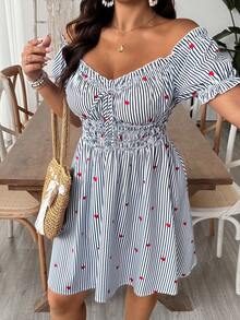 SHEIN VCAY Robe grande taille à épaules dénudées avec motif cœur, rayures bleu & blanc, coupe trapèze, robe mini romantique de plage, style bohème - Bleu azur - Voir 7