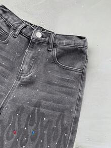Pantalones cortos de mezclilla con cordón, diseño de diamantes incrustados, holgados y cómodos para niños preadolescentes - Negro - Ver 6