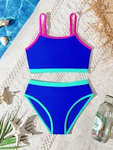 3-Color Patchwork Hollow Floral Back Design Young Girl Swimwear Set, Suitable For Beach, Holiday, Swimming Party, Pool, Water Park (Small Size) - Multicolor - View 3