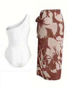 Swim Oasis Women's Solid Color Ruched One-Piece Swimsuit And Skirt Set, Suitable For Beach Vacation, Pool Party, Beach Party - Multicolor - View 4