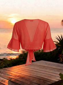 Qadelle Solid Color Cropped Shirt With Flared Sleeves And Front Tie - Orange - View 2