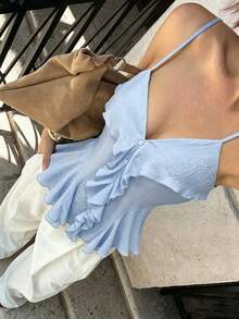 Modelyn Ruffled Light Blue Camisole Shirt, Spring/Summer Vacation Elegant - Blue - View 5