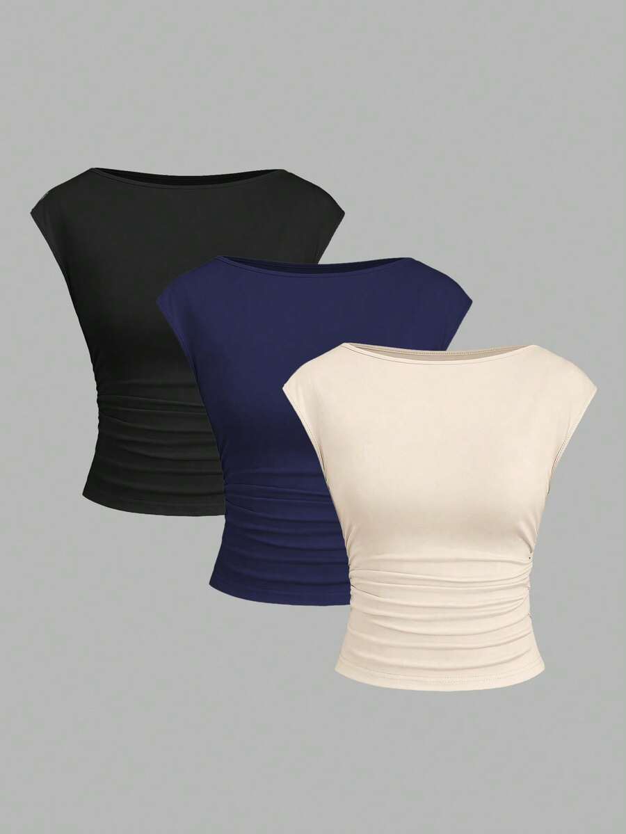 Sweetra 3pcs/Set Sexy Backless Breathable Moisture-Wicking Fitted Short Sleeve Top/T-Shirt For Women - Multicolor - View 1