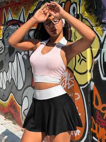 SHEIN Dewbera 女士带口袋半身裙，适合羽毛球、网球、瑜伽、健身、跑步、马拉松等运动。 - 黑與白 - 查看 1