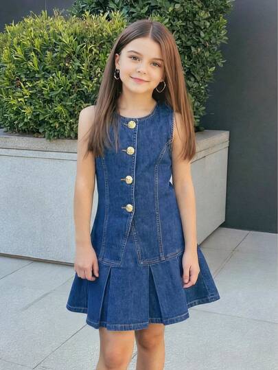 Firerie Kids Firerie Kids Tween Girl Metal Single-Breasted Vest And Denim Pleated Mini Skirt Denim Set