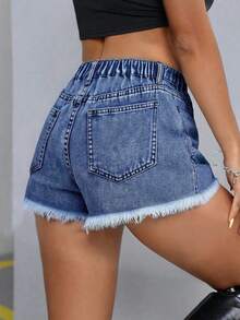 Teen Girl Casual Spring Summer Y2K Light Washed Low Rised Raw Hem Distressed Denim Shorts,Y2K Summer Boho Beach Vacation Concert Rave Festival, Beach For Girl, Vacation Girl, Valentine's Day - Dark Wash - View 2