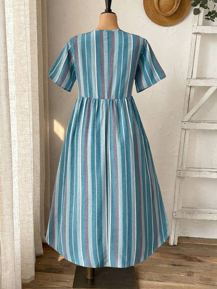 Plus Size Women's Summer Yellow Plaid Round Neck Short Sleeve Loose Long Cute Doll Dress With Pockets Summer Summer Outfit For Women Festival Outfits For Women Beach Outfits For Women Vacation Outfits Women Holiday Outfits  For Women Country Concert Outfit