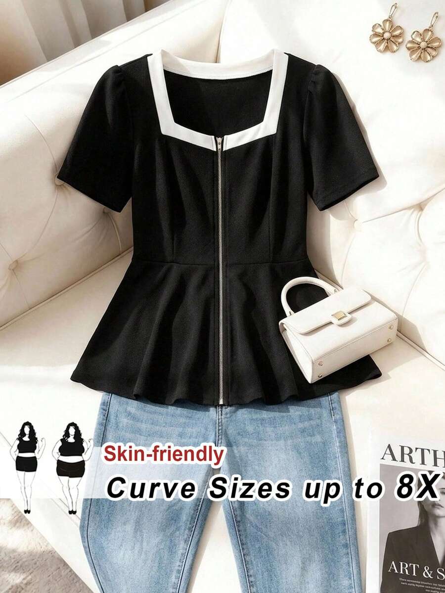 SHEIN CURVE+ Blusa casual y elegante de talla grande para mujer con cuello cuadrado, manga corta y dobladillo con onda y cremallera - Blanco y Negro - Ver 1