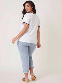SHEIN BASICS 大码女式休闲V领短袖T恤，夏季 - 白色 - 查看 5