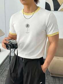 ESTAVOR 男士休闲宽松短袖T恤，黄色撞色印花 - 白色 - 查看 2