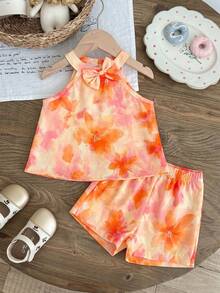 SHEIN Playful Pals 女嬰套裝 6個月-3歲 2件/套 粉色夏季可愛度假無袖荷葉邊花朵印花上衣與短褲 優雅華麗休閒套裝 - 橘色 - 查看 4