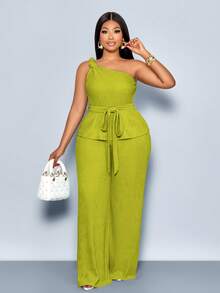 SOLERSUN Plus Size Women Olive Green Summer Elegant Vacation Set, Off-Shoulder Knotted Sleeveless Top&Straight Leg Trousers Two Pieces Casual Set - Mint Green - View 4