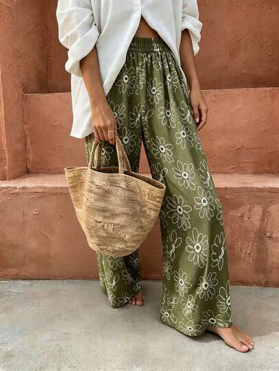 SHEIN Holidaya מכנסיים אלגנטיים לחופשה קז'ואל לנשים, מכנסי חוף לחופשת קיץ לנשים, מכנסיים עם הדפס פרחוני לאביב וקיץ לנשים, מכנסיים ירוקים לנשים, מכנסיים לבוש יומיומי לנשים