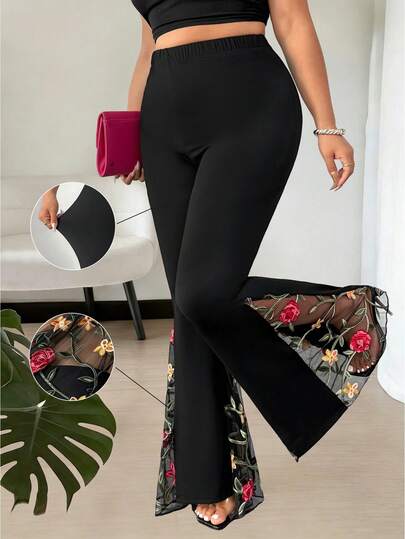 Elenzga Pantalones acampanados de uso diario versátil y casual con parches de malla y bordado floral para mujer de talla grande