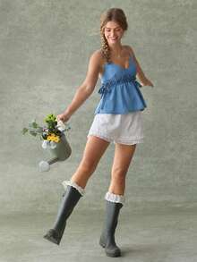 WESTFADE Áo babydoll denim cổ chữ V thắt nơ bên hông - Rửa nhẹ - Xem 6