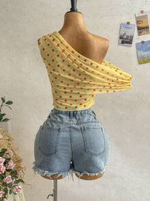 Soleia Cute Summer Polka Dot Yellow Asymmetrical One Shoulder Layered Top,Boho Beach Holiday Wear For Women,Versatile Casual Vacation Date Wedding Top - Light Yellow - View 2