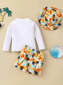 SHEIN Baby/Baby Boy Colorblock Cute Orange Palm Tree Print Long Sleeve Rash Guard & Shorts Swimsuit, Suitable For Beach, Vacation, Surfing, Baby Swimwear - Multicolor - View 3