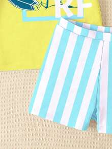 2pcs/Set Young Boys' Casual Loose Short Sleeve T-Shirt And Shorts Swimwear,Striped Surfboard & Palm Tree Print Summer Beach Holiday Outfit Sets - Multicolor - View 6