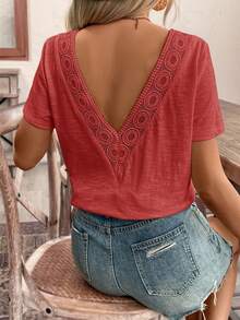 Frenchy Top amarillo con encaje y espalda descubierta, camiseta, imprescindible, conjunto de verano, imprescindible de la temporada de bodas, estilo francés - Color caoba - Ver 3