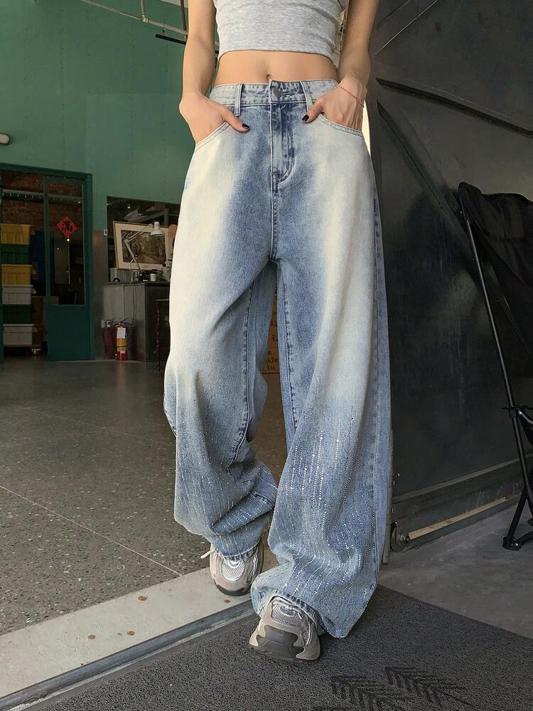 Women's Distressed Rhinestone Embellished Loose Fit Casual Jeans