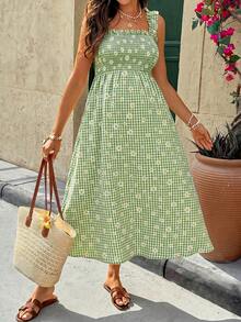 SHEIN Vestido de maternidad con estampado floral a cuadros con función de lactancia, informal para vacaciones y viajes - Verde - Ver 7