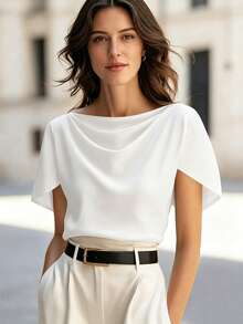SHEIN Clasi Women's Solid Color Loose Asymmetrical Sleeve T-Shirt - White - View 3