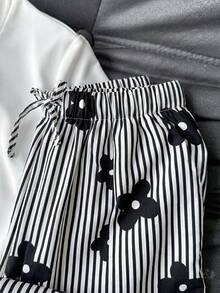 SHEIN Bộ đồ đôi cho bé gái tuổi teen: áo cổ tròn và quần kẻ sọc. - Đen và trắng - Xem 5
