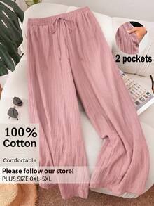 CosyJoli Pantalones largos casuales y versátiles de talla grande para mujer con cintura con cordón, unicolor, para uso diario y salidas - Rosa - Ver 1
