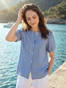 Dayvera Áo cardigan tay ngắn bằng vải lanh viền ren kiểu Pháp lãng mạn - Màu xanh nhạt - Xem 7