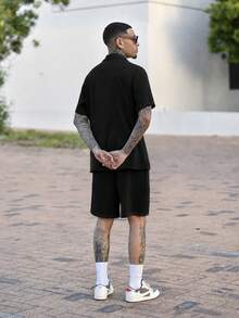 Devon Thys 男士两件套时尚欧式提花品牌休闲宽松衬衫和裤子套装，情侣海滩度假装，适合送给丈夫/男朋友的礼物，舒适服装 - 黑色 - 查看 5