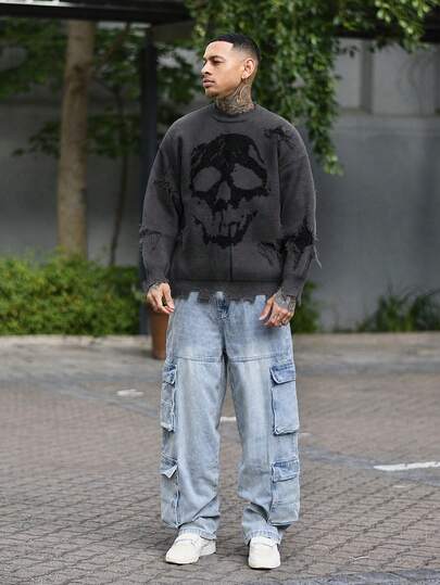 Devon Thys ANDREILEE 男士骷髅图案做旧流苏圆领休闲毛衣